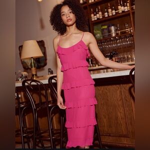 Lucy Paris Valentina Pink‎ Ruffled Tiered Midi Dress NWT Large